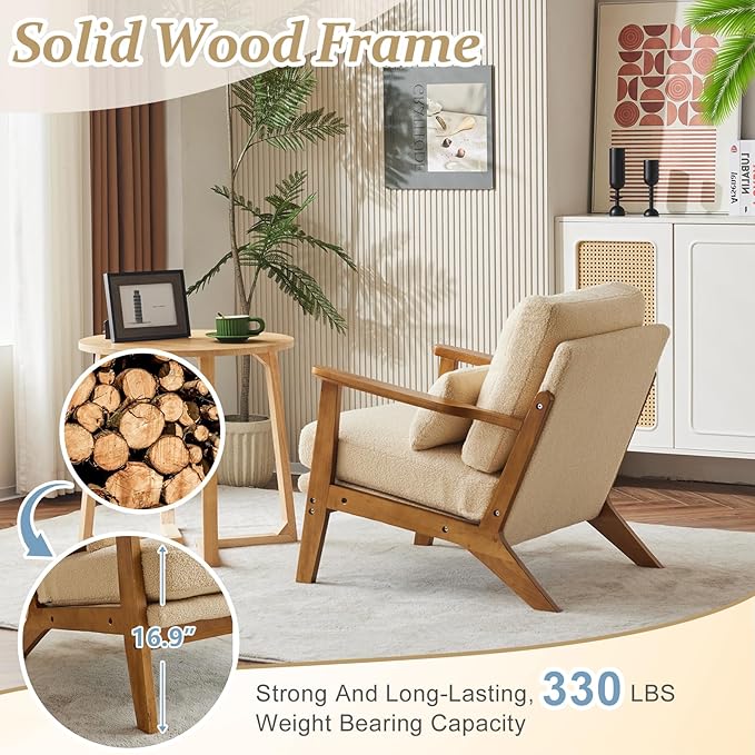 VINGLI Solid Wood Wide Armrests Accent Chair Set of 2,Upholstered Mid Century Modern Chair with Pillow,Farmhouse Arm Chair Comfy Reading Chair,Chairs Living Room,Bedroom,Guest Room,Teddy Fleece,Khaki