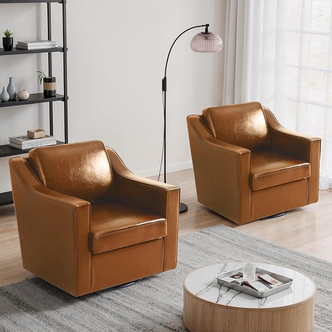 UIXE Faux Leather Swivel Accent Chair, Upholstered Arm Chair for Living Room, Modern Club Armchair Comfy Single Sofa Bedroom Reading Seat with Lumbar Pillow - Cognac Brown