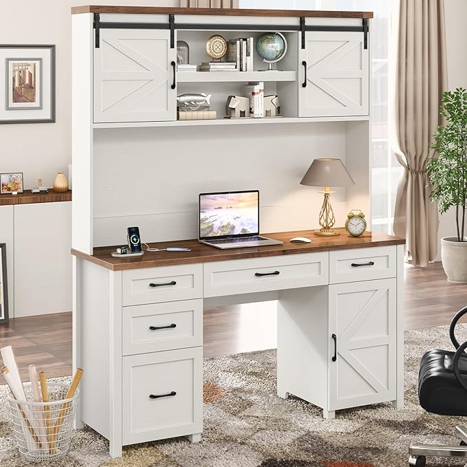 Farmhouse 67" H Executive Desk with Hutch,Office Desks with 5 Drawers, Computer Desk with Storage Cabinet & File Drawers and Charging Station, Wood Workstation for Home Office,Study.(Unique White).