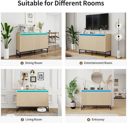 Fluted Sideboard Buffet Cabinet with Storage, 47" Wood Storage Cabinet with Doors and Adjustable Shelves LED Light, Modern Credenza for Kitchen, Dining room, Living room, Entryway(Oak, set of 2)