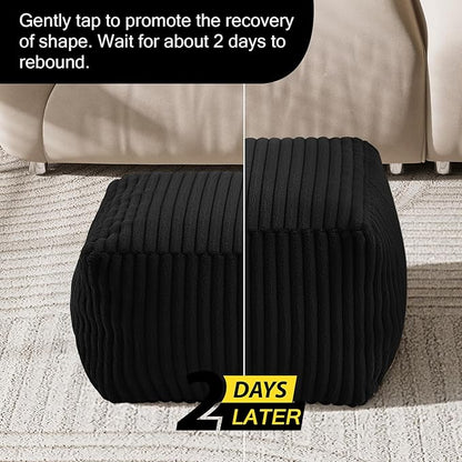 MeMoreCool Square Stuffed Pouf Ottoman Foot Rest, Stripe Furry Floor Pouf Foot Stool with Foam Chunk Filling, Soft Fluffy Stuffed Ottoman Footrest for Living Room, Faux Fur Black