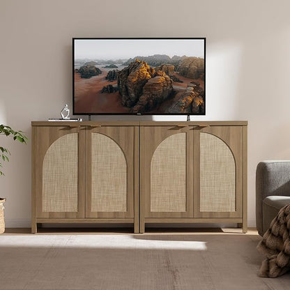 SICOTAS Rattan Sideboard Buffet Cabinet with Storage, Mid Century Modern Credenza Storage Cabinet with Arch Doors & Shelves Farmhouse Coffee Bar Media Console Cabinets for Living Room, Entryway