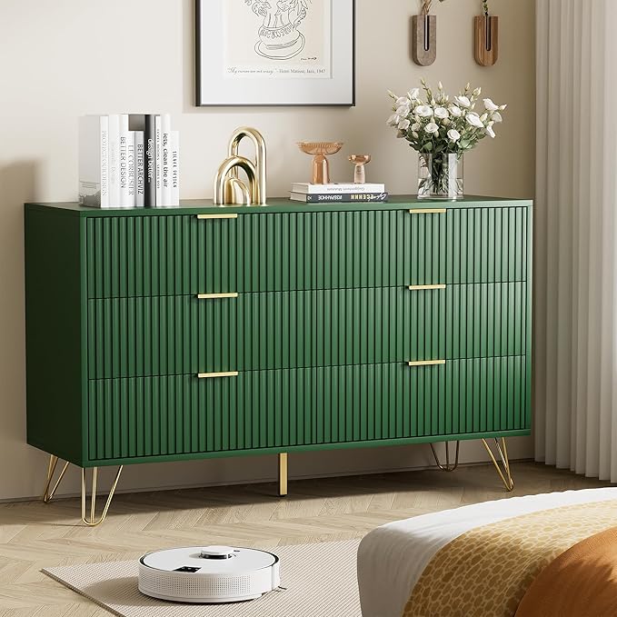 Green Dresser for Bedroom, Modern Dresser with Gold Metal Handles & Chests of Drawers for Bedroom, 15.7" D x 47.2" W x 29.5" H