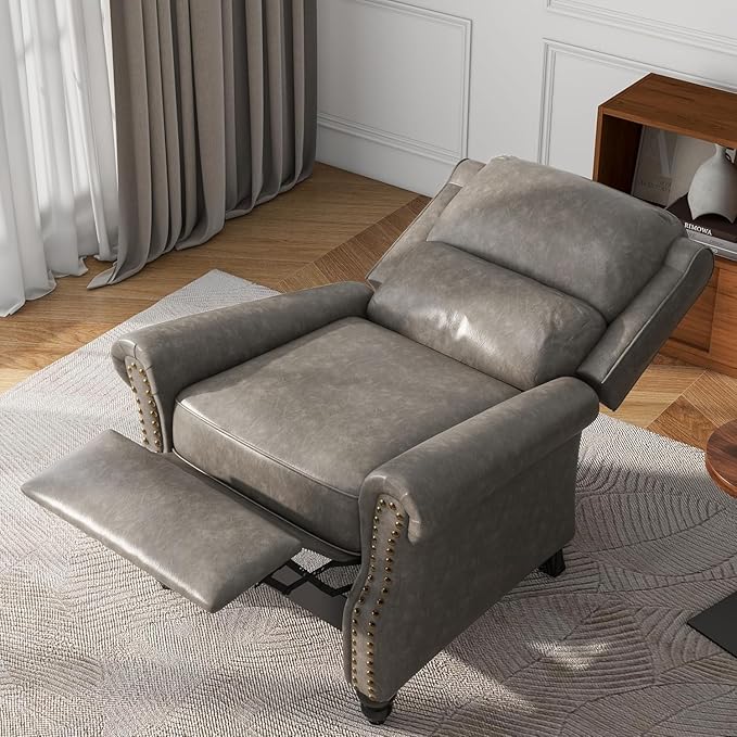 UIXE PU Leather Pushback Recliner Chairs Set of 2, Overstuffed Armchair Push Back Accent Chair for Living Room, Rivet Trim Club Chair Home Theater Single Sofa Bedroom Side Reading Seat - Gray