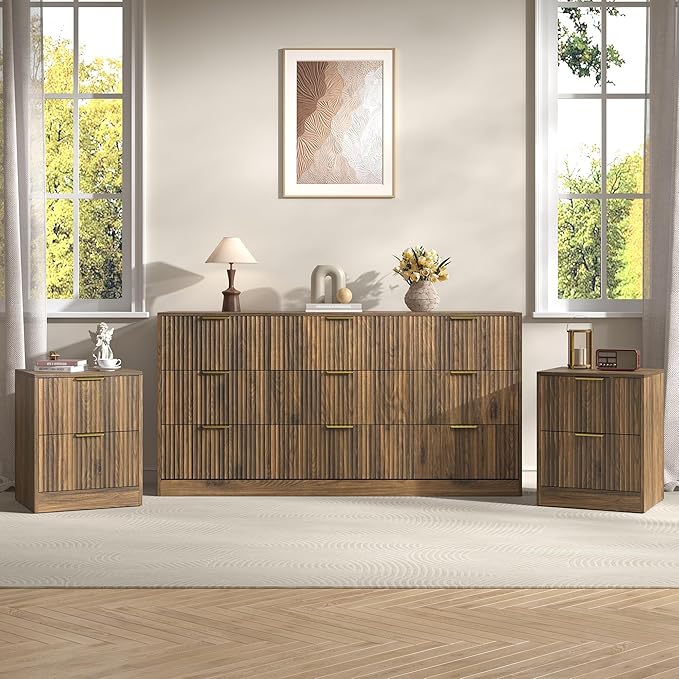 3-Piece Modern Bedroom Furniture Set, Wide 9-Drawer Dresser & 2-Drawer Nightstands Set of 2, Natural Wood Dresser and Nightstand Sets for Bedroom, Hallway, Walnut