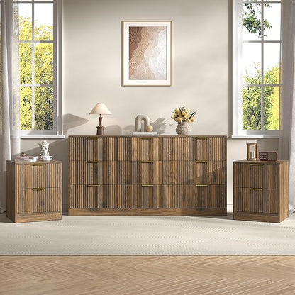 3-Piece Modern Bedroom Furniture Set, Wide 9-Drawer Dresser & 2-Drawer Nightstands Set of 2, Natural Wood Dresser and Nightstand Sets for Bedroom, Hallway, Walnut