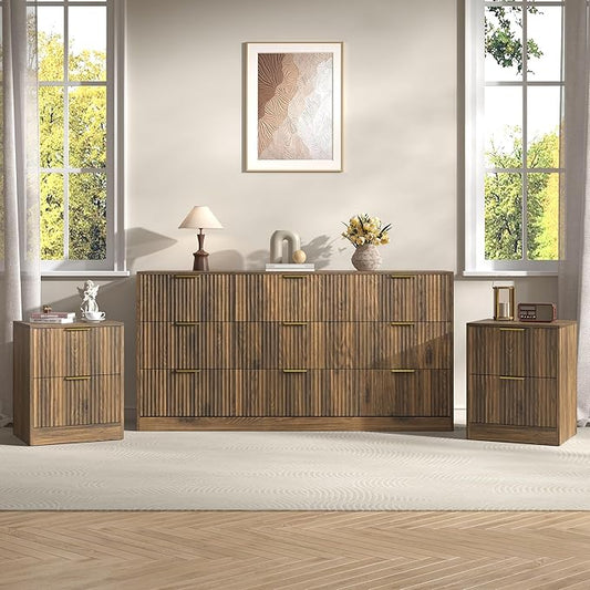 3-Piece Modern Bedroom Furniture Set, Wide 9-Drawer Dresser & 2-Drawer Nightstands Set of 2, Natural Wood Dresser and Nightstand Sets for Bedroom, Hallway, Walnut