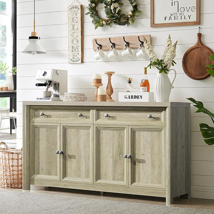 Farmhouse Buffet Cabinet with Storage, 59" Large Sideboard Credenza with Adjustable Shelves & 4 Doors, Wood Rustic Kitchen Coffee Bar Console for Table Living Room, Natural