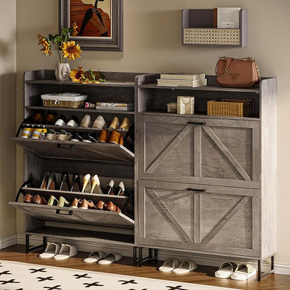 Shoe Storage Cabinet with 2 Flip Drawers, Narrow Wood Shoe Cabinet Storage for Entryway with Metal Legs & Hooks, Adjustable Shelves, Freestanding Shoe Rack Organizer for Foyer, Hallway, Grey