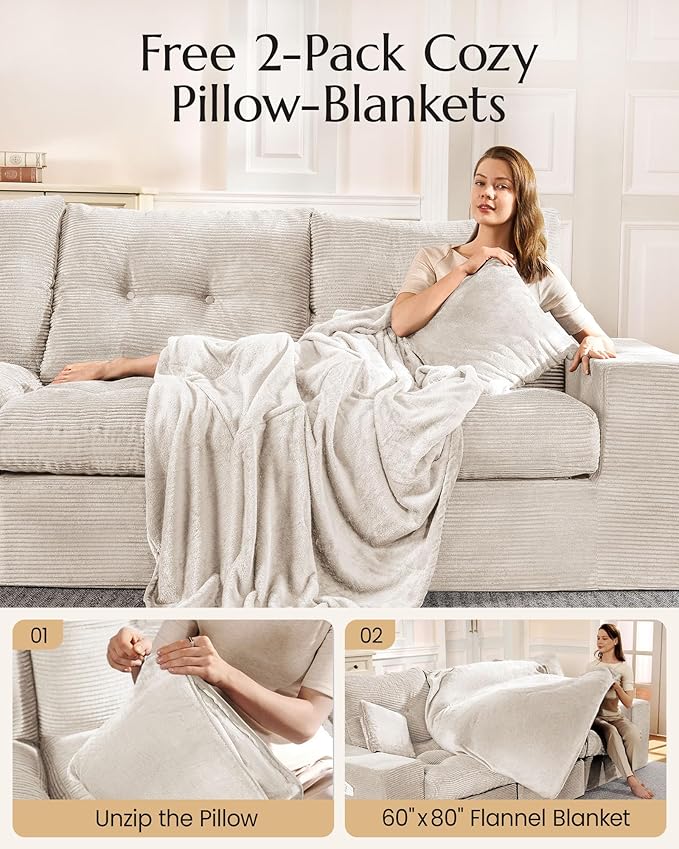High Back Boneless Couch, U Shaped Cloud Couch with Versatile 2-Pack Pillow Blankets, Corduroy Modular Sectional Sofa with Ottoman, No Assemble Sectional Couches for Living Room, Warm White