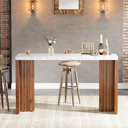 Tribesigns Home Bar Unit, 55.12-Inch Bar Table with a Faux Marble Finished Tabletop, Modern Freestanding Mini Bar for Home Kitchen, Living Room, Balcony, Basement, Walnut & White (Set of 2)