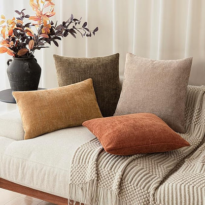 Foindtower Set of 2 Textured Chenille Throw Decorative Pillow Covers Square Accent Solid Cushion Cover Neutral Farmhouse Lumbar Pillow Case for Couch Sofa Bedroom Living Room 12x20 Inch,Golden Brown