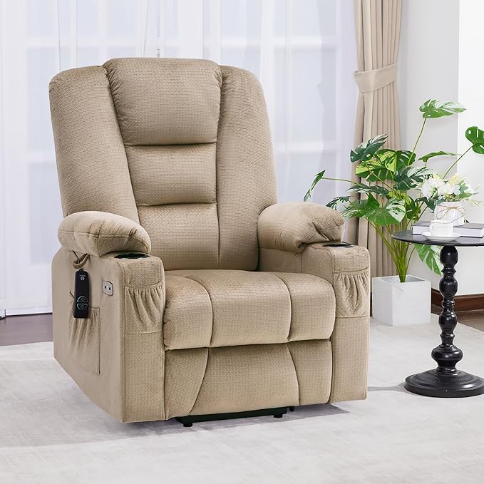 MCombo Large Power Lift Recliner Chair Sofa with Massage and Heat for Big and Tall Elderly People, 3 Positions, Cup Holders, and USB Ports, Fabric 7549 (Large, Beige)