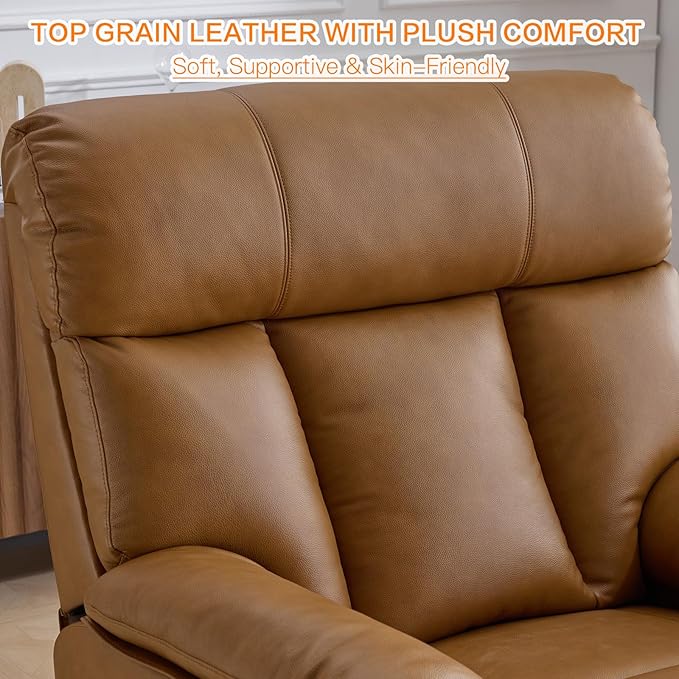 AEDI 450lbs Genuine Leather Power Recliner Chair for Big and Tall Adults Oversized Electric Reclining Sofa for Living Room,Extra Wide 27" Seat,USB Charging(Top Grain Leather,Camel)