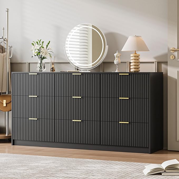Black 9 Drawer Dresser for Bedroom, Modern Fluted Dresser with Gold Metal Handles, Wide Chest of Drawers for Bedroom, Living Room, Entryway, Hallway, 63" L x 15.7" D x 31.4" H