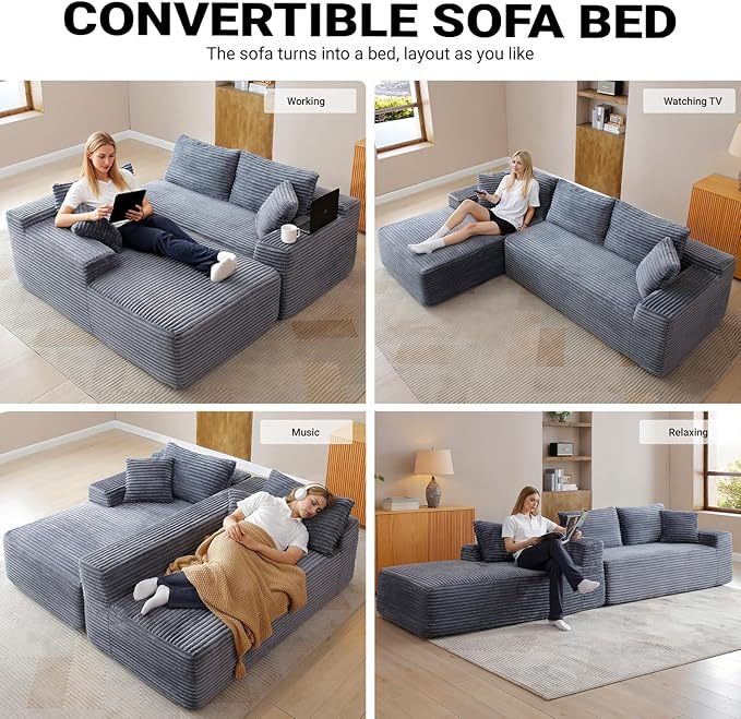 95 Inch Cloud Sectional Couch,Modular Sectional Sofa with Deep Seat,Modern Corduroy Boneless Couches with L-Shape Chaise for Living Room Bedroom,No Assembly Required (Grey, Left Facing Chaise)