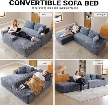 95 Inch Cloud Sectional Couch,Modular Sectional Sofa with Deep Seat,Modern Corduroy Boneless Couches with L-Shape Chaise for Living Room Bedroom,No Assembly Required (Grey, Left Facing Chaise)