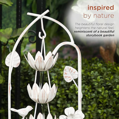 Alpine Corporation YHL866 30"" Metal Rustic Water Fountain with Decorative Flower – Cascading Waterfall Feature for Gardens, Patios, and Outdoor Décor, White