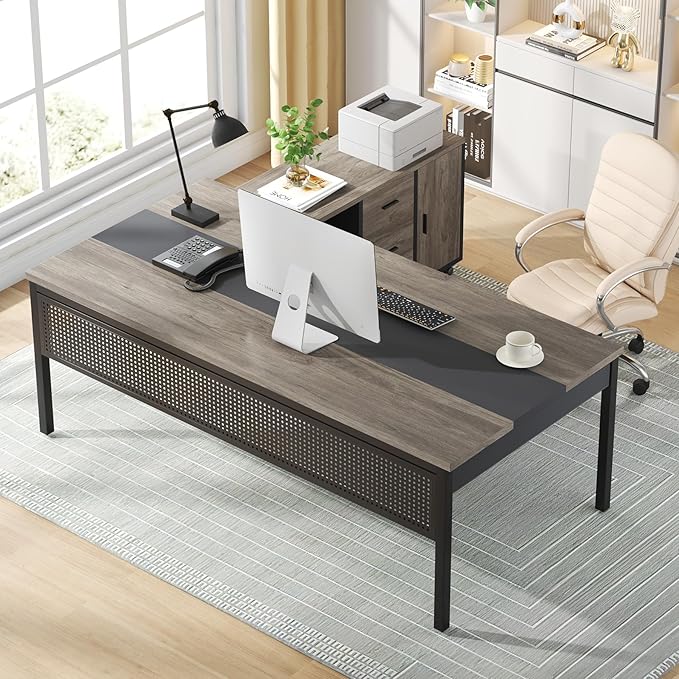 Tribesigns 71 inch Executive Desk, L Shaped Desk with Mobile File Cabinet, Executive Office Table with 2 Drawers and Storage Shelves, Business Furniture Workstation for Home Office, Grey and Black