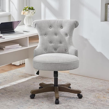 HUIMO Home Office Chair Upholstered Armless Desk Chair with Wheels Adjustable Height Computer Desk Chair with Wooden Legs Linen Comfortable Swivel Chairs for Home Office Study Studio (Light Grey)