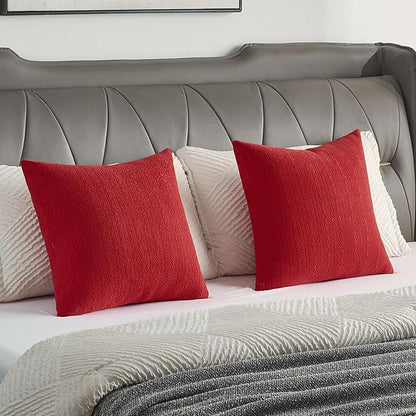 FUTEI Christmas Red Chenille Throw Pillow Covers 18x18 Inch Set of 2,Soft Striped & Diamond Textured Cushion Cases,Modern Home Decor for Couch Living Room
