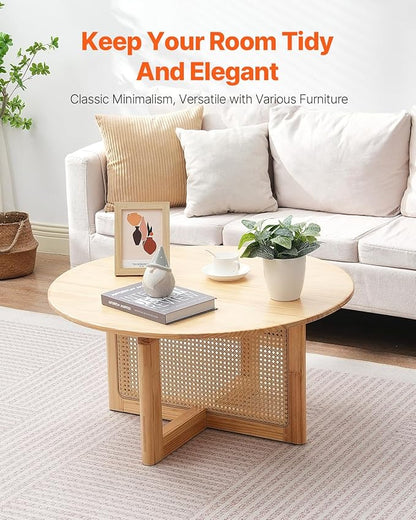 VEVOR Rattan Coffee Table, Round Woven With Rubber Wood Top, 33 in Modern Boho Circular Storage Table With Natural Legs, for Living Room, Bedroom & Small Spaces