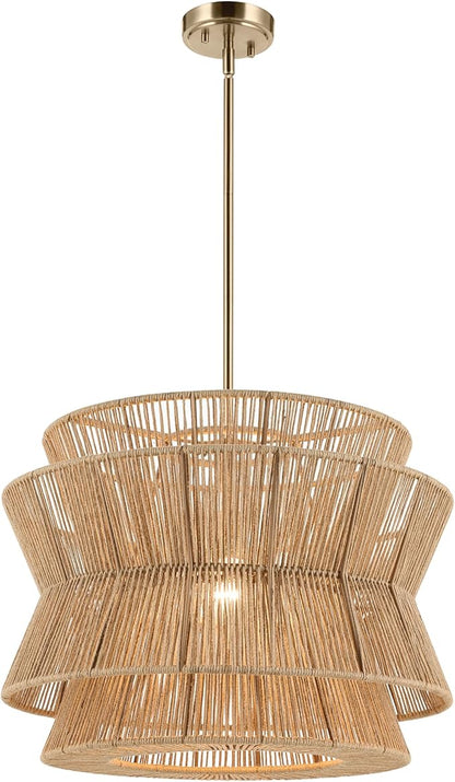 KICHLER Ophira 1-Light Pendant, Global Boho Light with Jute Shade in Champagne Bronze, Sloped Ceiling Compatible, for Kitchen or Foyer (16.75" x 22"), 52734CPZ