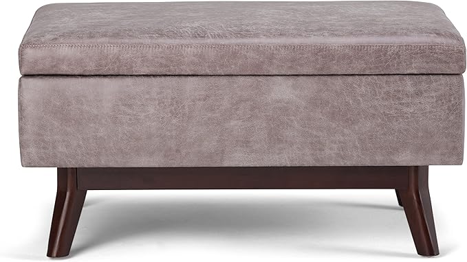 SIMPLIHOME Owen 34 inch Wide Mid Century Modern Rectangle Coffee Table Storage Ottoman in Distressed Grey Taupe Vegan Faux Leather, Assembled, for the Living Room, Entryway and Family Room
