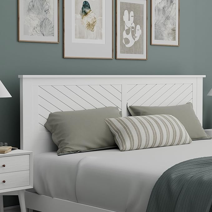 Serene Poplar Wood King Size Headboard in White, Modern Farmhouse Panel with Chevron Scoring, Casual Coastal Style, Easy Assembly, Quality Materials