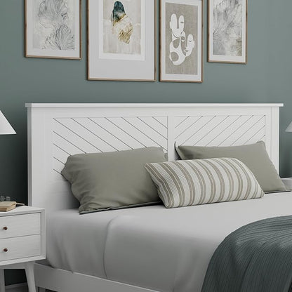 Serene Poplar Wood King Size Headboard in White, Modern Farmhouse Panel with Chevron Scoring, Casual Coastal Style, Easy Assembly, Quality Materials