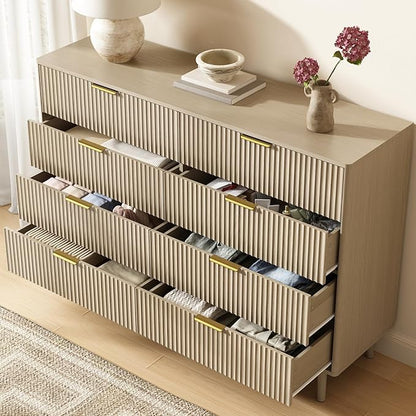 CARPETNAL Fluted 8 Drawer Dresser for Bedroom, 55" Wide Wooden Chest of Drawers with Rounded Corners, Gold Handles, Modern Storage Organizer for Bedroom, Hallway(Beige)