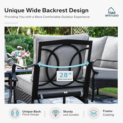 MFSTUDIO 4 Pieces Outdoor Patio Furniture Set, Metal Outdoor Conversation Set, Rattan Wicker Patio Sectional Sofa Set with 2 x Swivel Single Sofa, 2-Seat Sofa, 1 x Coffee Table, Grey