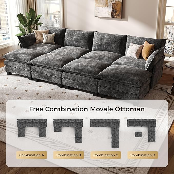 KKL 120" Huge Modular Sectional Sofa Bed, 8 Seater Convertible J/L/U-Shaped Sleeper Cloud Couch with Ottoman, Chenille Sectional Couches for Living Room, Apartment, Grey