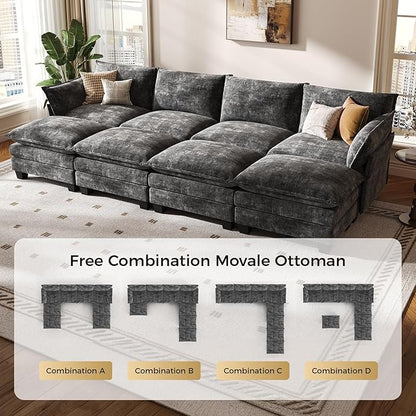 KKL 120" Huge Modular Sectional Sofa Bed, 8 Seater Convertible J/L/U-Shaped Sleeper Cloud Couch with Ottoman, Chenille Sectional Couches for Living Room, Apartment, Grey
