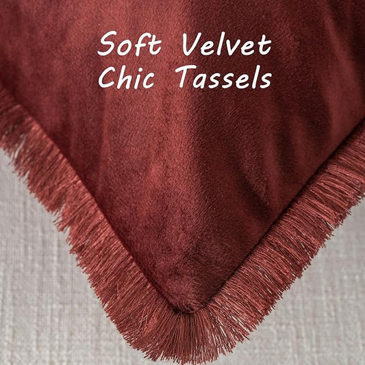 FUTEI Burgundy Velvet Decorative Throw Pillow Covers 24x24 Set of 2,Soft Cozy Edge with Tassels European Cushion Case,Boho Modern Home Decor for Couch Bed Living Room
