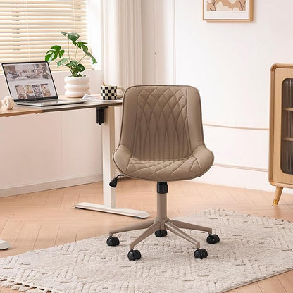 YOUNIKE Khaki Home Office Desk Chair No Arms Comfy Small Vanity Chair Chair with Wheels Swivel Adjustable Modern Ergonomic Task with Back Armless Cute Leather Upholstered Rolling Chair