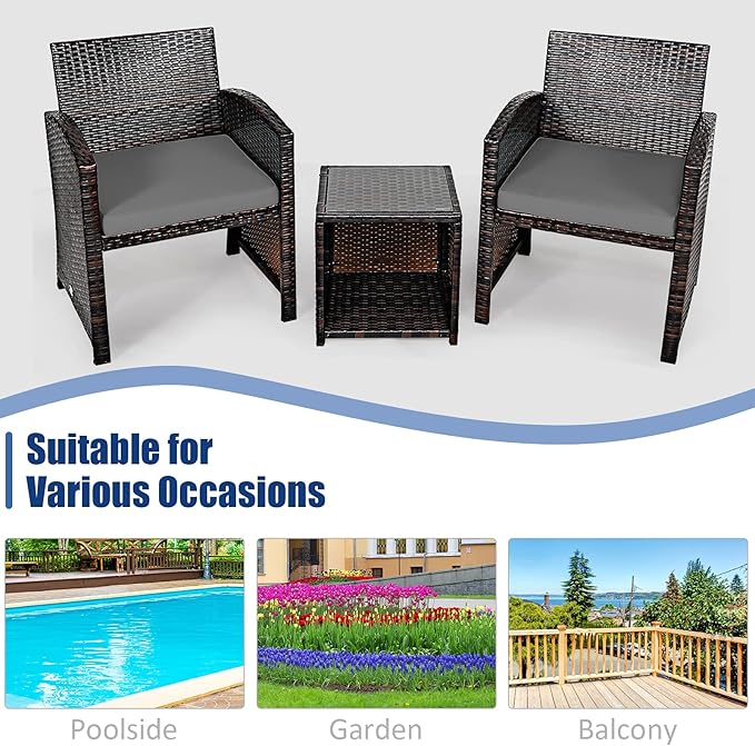 COSTWAY 3 Pieces Patio Furniture Sets, Outdoor Rattan Conversation Set with Tempered Glass Tabletop and Soft Cushion, Wicker Cushioned Chair Sofa for Backyard, Porch, Poolside, Lawn, Gray