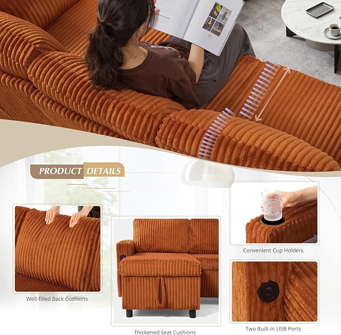 110" Corduroy Pull Out Sofa Bed w/Adjustable Backrests, Sectional U-Shape Sleeper Sofa w/Storage Chaise, Convertible Couch Bed w/USB Charging Port & Cup Holders for Living Room, House, Orange
