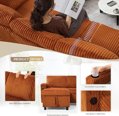 110" Corduroy Pull Out Sofa Bed w/Adjustable Backrests, Sectional U-Shape Sleeper Sofa w/Storage Chaise, Convertible Couch Bed w/USB Charging Port & Cup Holders for Living Room, House, Orange