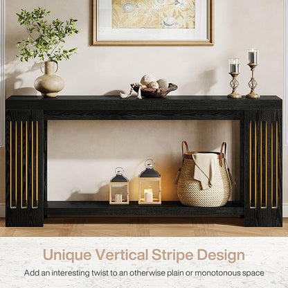 Tribesigns 2-Tier Extra Long Entryway Table, 70.9-Inch Farmhouse Console Table with Vertical Stripe Legs and with Open Shelves for Living Room, Hallway, Black