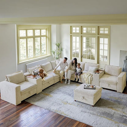 EcoHarbor Living Modular Sectional Sofa, Oversized L/U Shaped Couch with Console, USB Charger, Cup Holder, Storage, Ottoman, Convertible Couches for Living Room Bedroom Apartment, Beige
