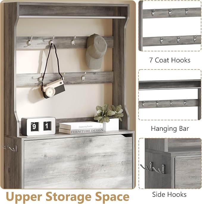 Tall Shoe Cabinet with Coat Rack, Hidden Shoe Storage Cabinet with Doors & Drawer, Hanging Bar & Hooks, Slim Narrow Freestanding Shoe Rack Organizer for Entryway, Hallway & Living Room, Grey