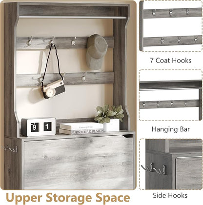 Tall Shoe Cabinet with Coat Rack, Hidden Shoe Storage Cabinet with Doors & Drawer, Hanging Bar & Hooks, Slim Narrow Freestanding Shoe Rack Organizer for Entryway, Hallway & Living Room, Grey