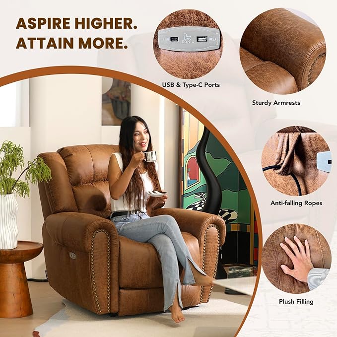 EONIX Classical Large Power Lift Recliner Chair for Elderly with Heat and Massage, Dual Motor Lay Flat Electric Lift Chair Recliner for Adults, Living Room, Bedroom, SLRY005061, Nut Brown