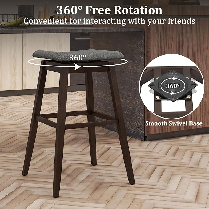 COSTWAY Swivel Bar Stools Set of 2, 30-inch Height Backless Upholstered Chairs with Padded Contoured Seat, Rubber Wood Legs, Footrest, Linen Fabric Barstools for Kitchen Counter Island, Grey+Brown