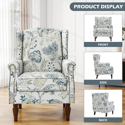 UIXE High Back Floral Accent Chair, Fabric Upholstered Armchair Wingback Chair for Living Room, Nailhead Trim Single Sofa Bedroom Side Reading Seat - Plants Blue