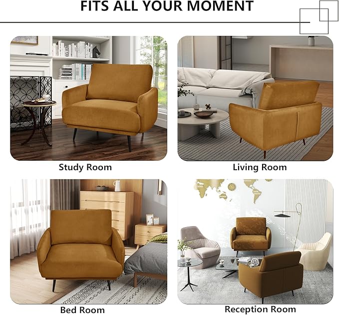 Oversized Accent Chair for Living Room Chairs Reading Arm Chair Comfy Modern Single Sofa Side Chairs with Metal Legs & Soft Cushion for Bedroom, Waiting Room (Velvet Brownish, Set of 1)