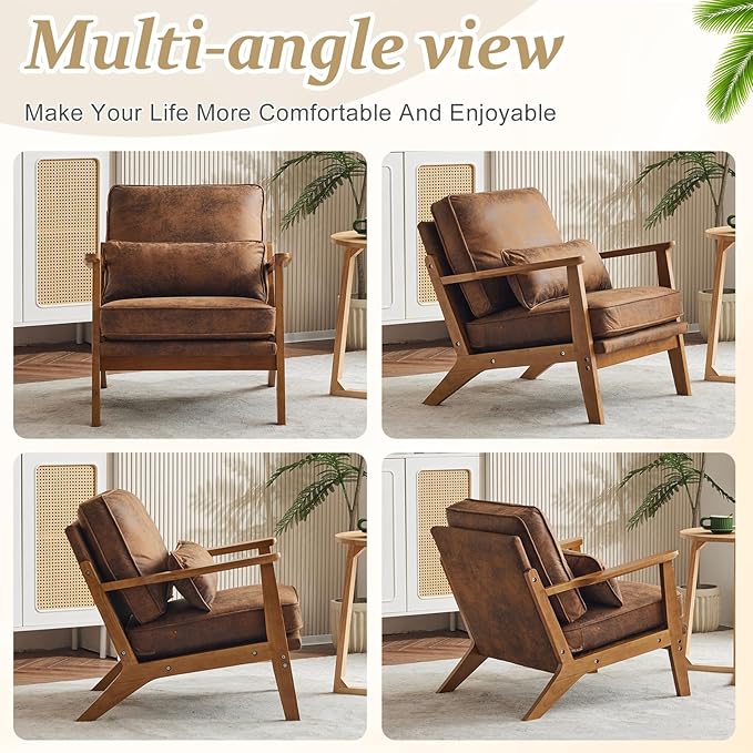 VINGLI Solid Wood Wide Armrests Accent Chair Set of 2,Upholstered Mid Century Modern Chair with Pillow,Farmhouse Arm Chair Comfy Reading Chair,Chairs Living Room,Bedroom,Guest Room,Suede,Rustic