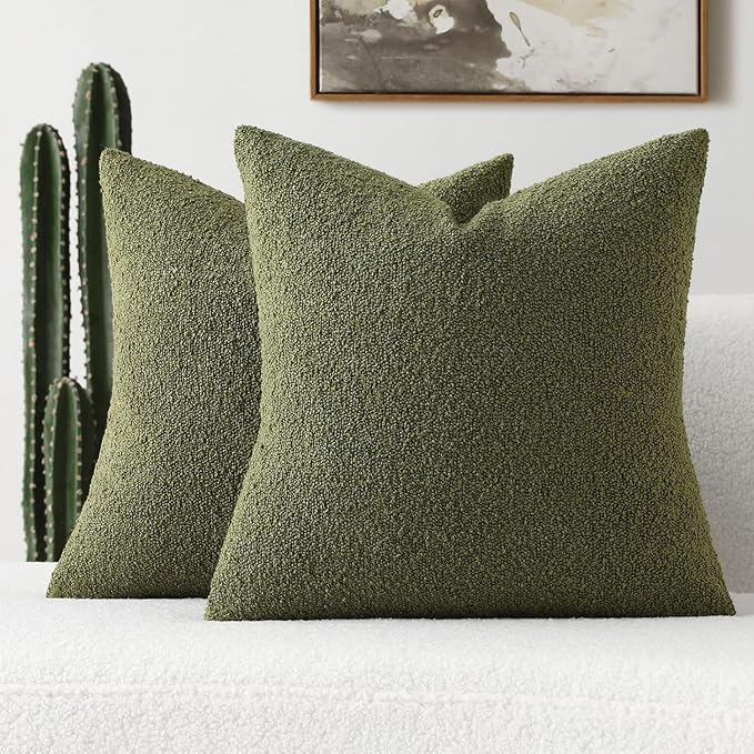 FUTEI Pack of 2 Moss Green Decorative Throw Pillow Covers 18x18 Inch Soft Cozy Solid Boucle Textured Cushion Case,Modern Home Decor for Couch Bed Living Room