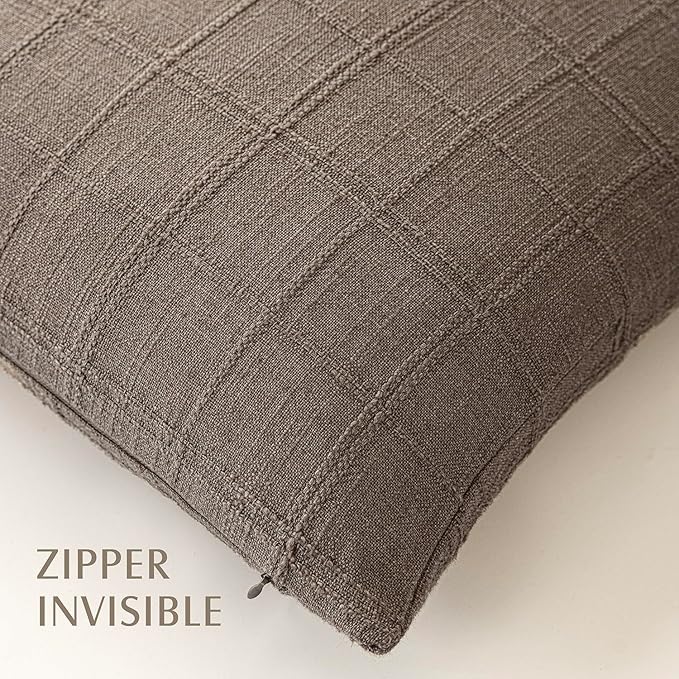 Foindtower Set of 2 Decorative Linen Check Throw Pillow Covers Neutral Farmhouse Vintage Cushion Covers Modern Boho Home Decor for Sofa Chair Couch Bedroom Living Room,16×16 Inch,Taupe Grey